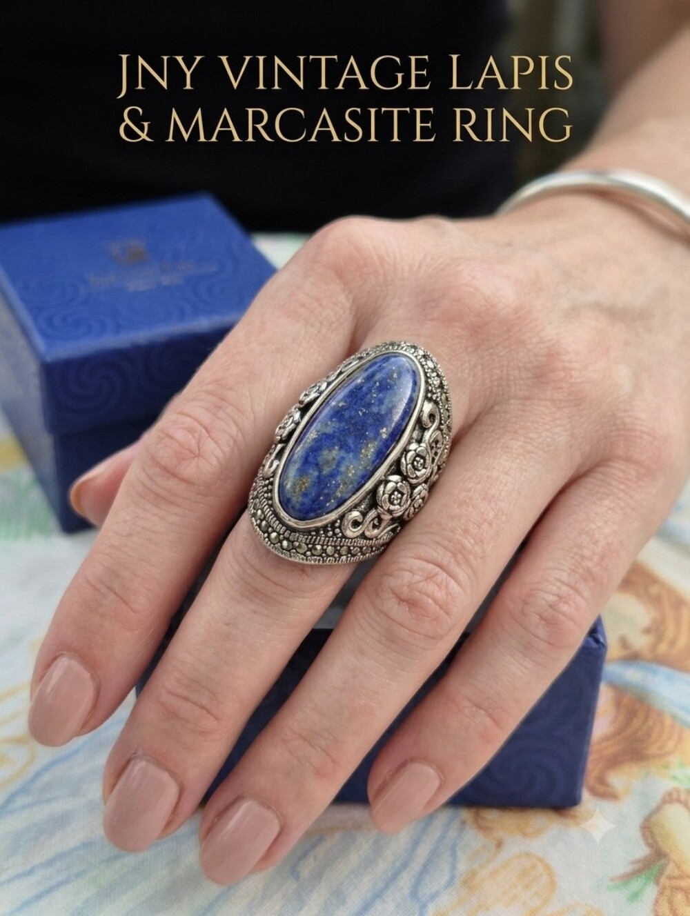 🌙Vintage JNY Lapis Lazuli & Marcasite Rose Statement Ring Size 8.5